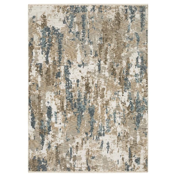 Eclipse Beige/Blue 8 ft. x 11 ft. Distressed Contemporary Abstract Polyester Fringe-Edge Indoor Area Rug