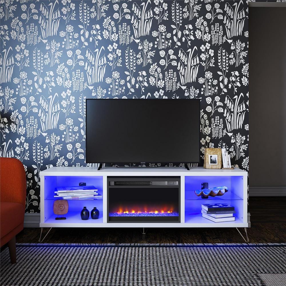 Finley 70" White Electric Fireplace TV Stand with Glass Shelves