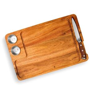 Large 15 in. x 10 in. Rectangular Acacia Wood End Grain Steak Board Set with Knife and Sauce Holders