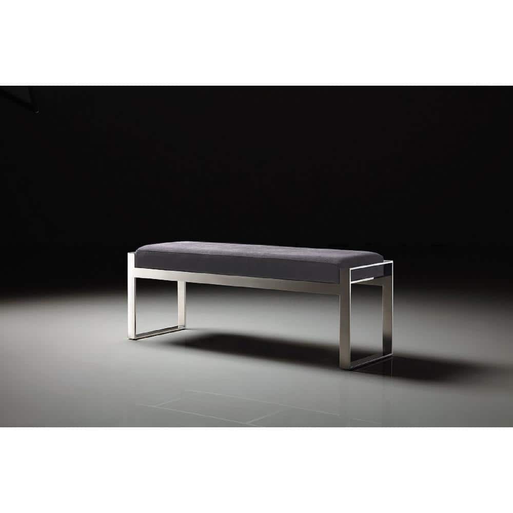 Gray Velvet Upholstered Bench with Stainless Steel Legs