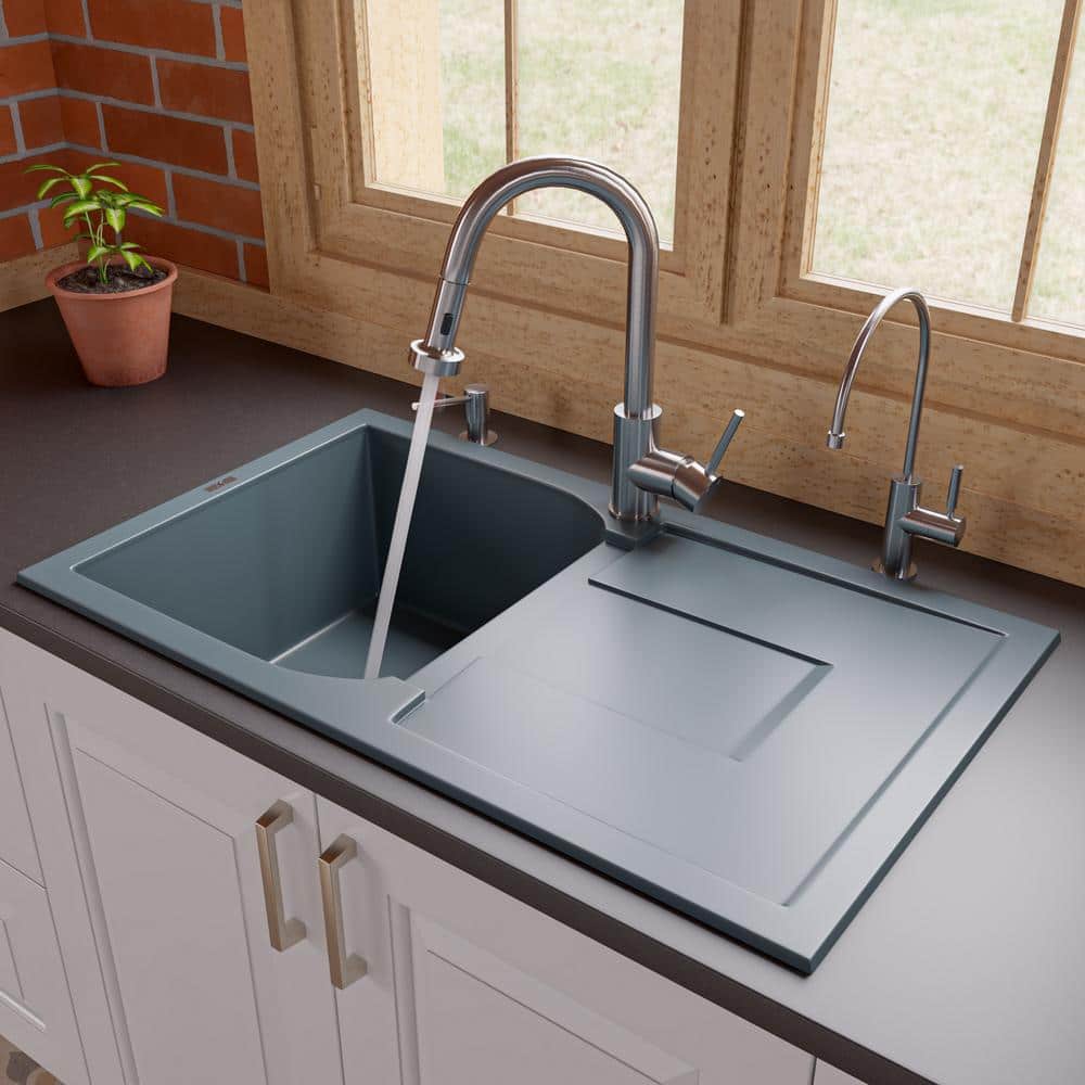 Titanium Gray Granite Single Bowl Kitchen Sink with Drainboard