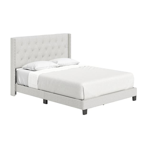Mia Beige Linen Queen Size Fully Upholstered Platform Bed Frame with Tufted Headboard