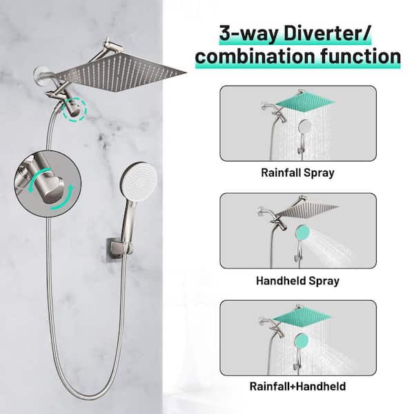 Rain Full 5-Spray Patterns 10 in. Wall Mount Dual Shower Heads and Handheld Shower Head 1.8 GPM in Brushed Nickel