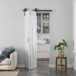 36 in. x 84 in. 2-Plank PVC Finished White K-shaped MDF Bi-Fold Sliding Barn Door with Hardware Kit, J-Shape Hardware