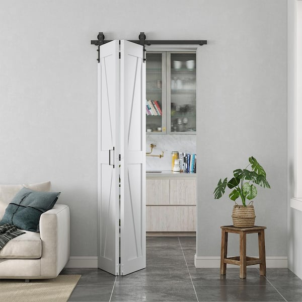 36 in. x 84 in. 2-Plank PVC Finished White K-shaped MDF Bi-Fold Sliding Barn Door with Hardware Kit, J-Shape Hardware