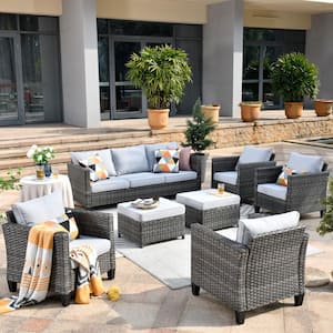 Positano Gray 7-Piece Wicker Patio Conversation Set with with Gray Cushions