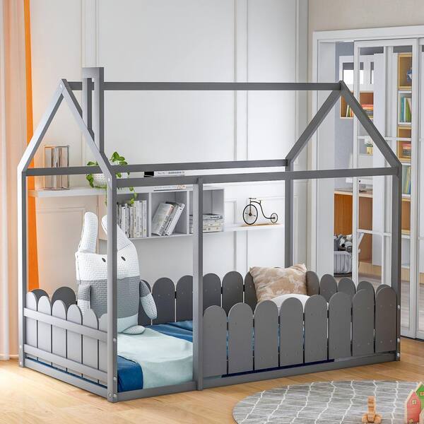 Harper & Bright Designs Gray Twin Size Wood House Bed with Fence