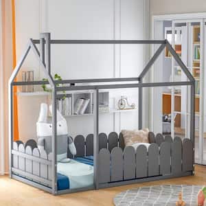 Wood Gray Twin House Bed with Fence for Kids Teens