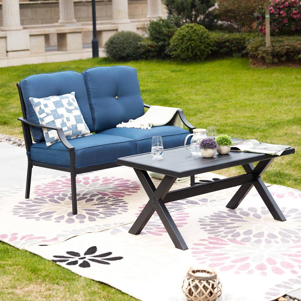 Patio Festival  4-Piece Metal Patio Conversation Set with Blue Cushions - 3