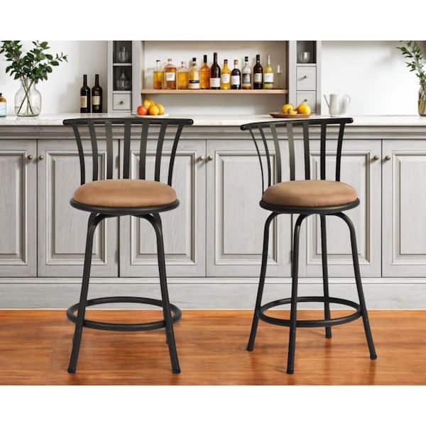 24.4 in. Brown and Black Low Back Metal Counter Stool Microfiber Seat (Set of 2)
