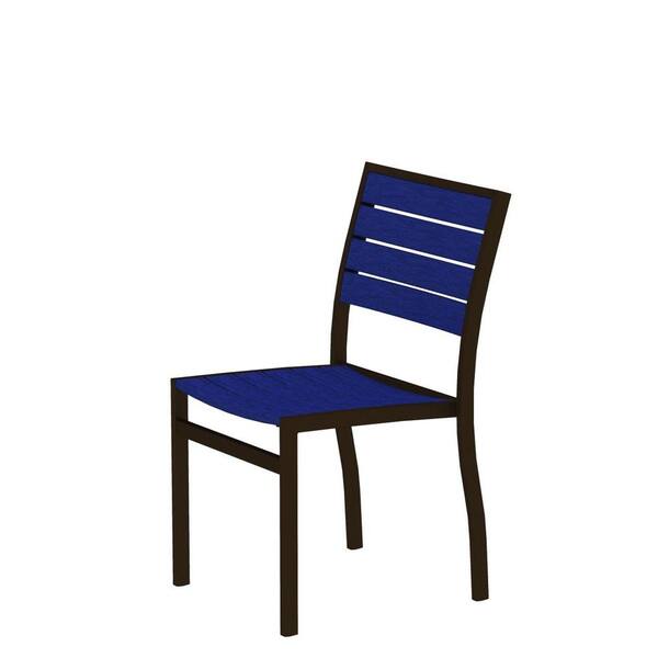 POLYWOOD Euro Textured Bronze Plastic Outdoor Patio Dining Side Chair with Pacific Blue Slats