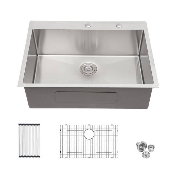 Magic Home 25 in. x 22 in. 16-Gauge Stainless Steel Single Bowl Topmount Drop-In Kitchen Sink with Bottom Grid