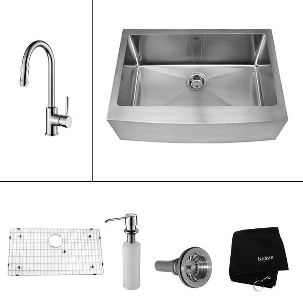 KRAUS All-in-One Farmhouse Apron Front Stainless Steel 30 in. Single Basin Kitchen Sink with Faucet and Accessories in Chrome