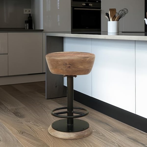 24 in. Brown and Black Backless Metal Frame Swivel Counter Bar Stool with Wooden Seat