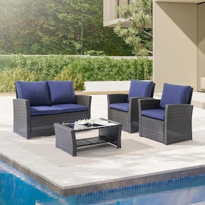 Outdoor Furniture 4-Piece Conversation Set with Coffee Table and Loveseat, brown rattan and Navy Blue cushions