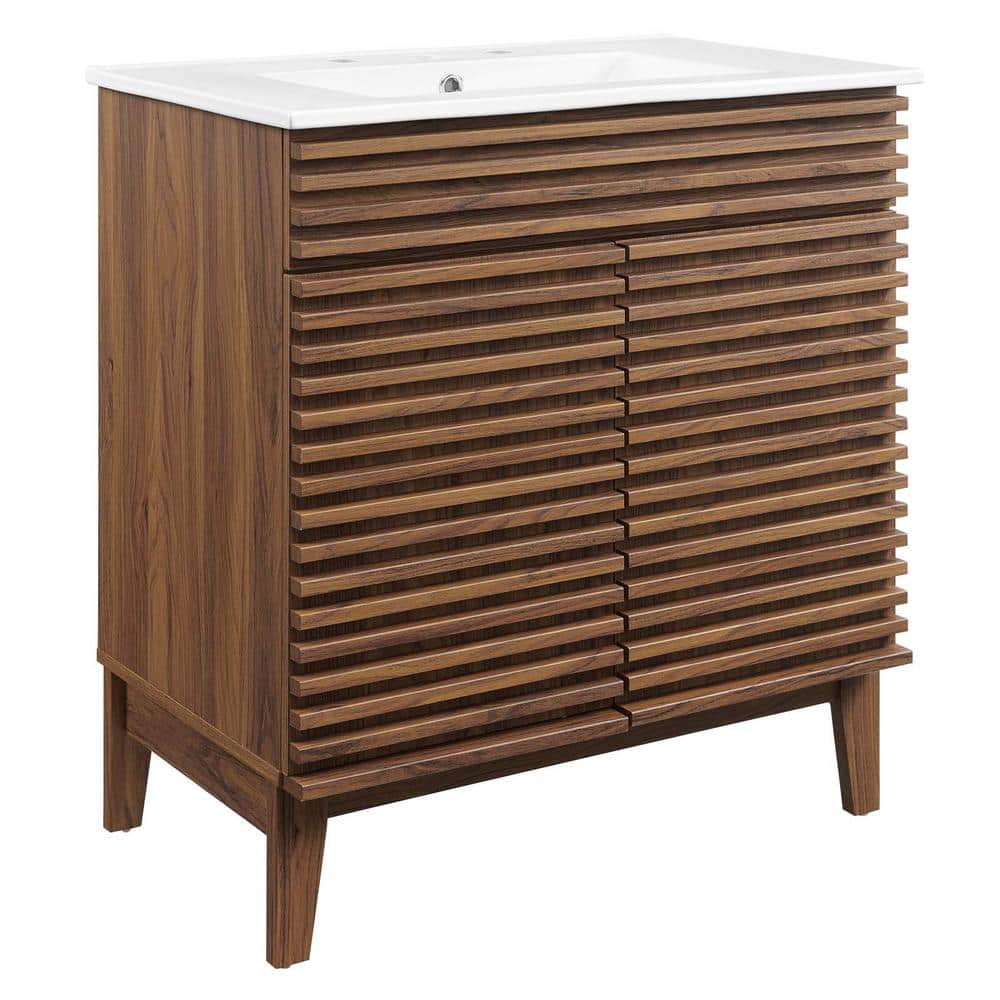 Mid-Century Modern 30" Walnut White Vanity Cabinet with Ceramic Basin