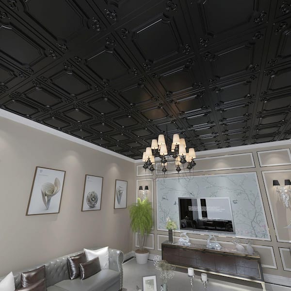 Black 2 ft. x 2 ft. Decorative Drop Ceiling Tiles Wainscoting Panels Glue Up (48 sq. ft./box)