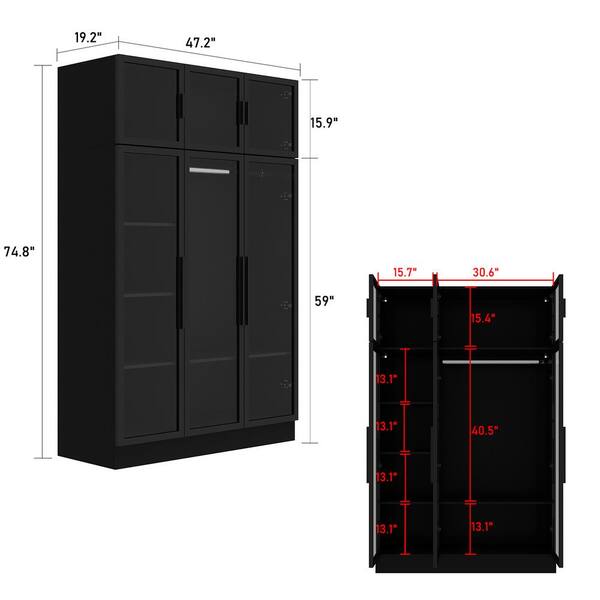  Hitow Wardrobe Armoire Closet with Glass Doors & LED Light  Strips, Wooden Large Display Cabinet with 5 Tiers Shelf & Hanging Rod,  Modern Bedroom Armoire Clothes Organizer, Black 47.2 W 