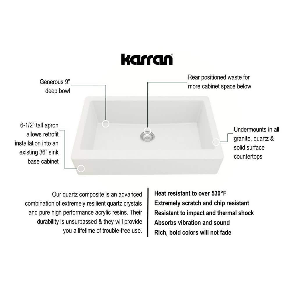34'' Matte White Quartz Farmhouse Single Bowl Kitchen Sink