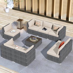 Messi Grey 9-Piece Wicker Outdoor Patio Conversation Sofa Seating Set with Beige Cushions