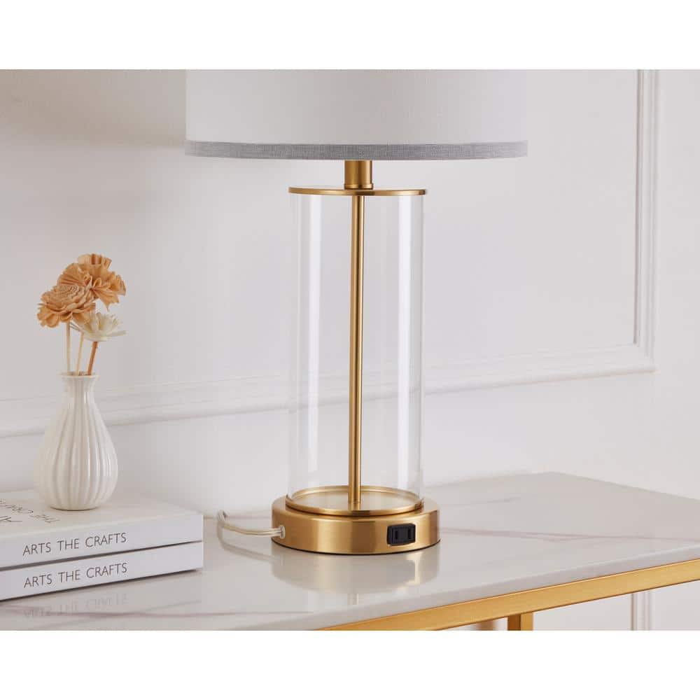 23.25" Clear Glass and Antiqued Brass Table Lamp Set with USB Ports