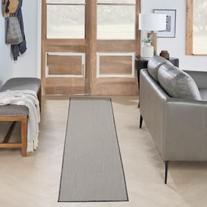 Courtyard Ivory/Charcoal 2 ft. x 10 ft. Solid Geometric Contemporary Runner Indoor/Outdoor Area Rug