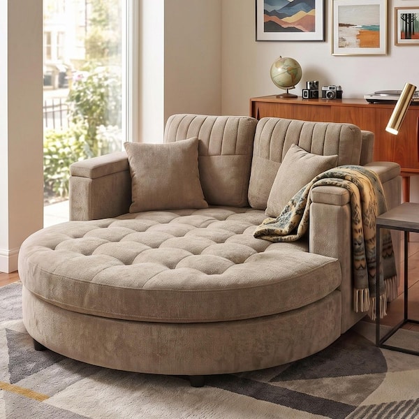 Modern 54.7 in. Brown Chenille Tufted Upholstered Storage Chaise Lounge 2-Seater Sofa Bed with Pillows