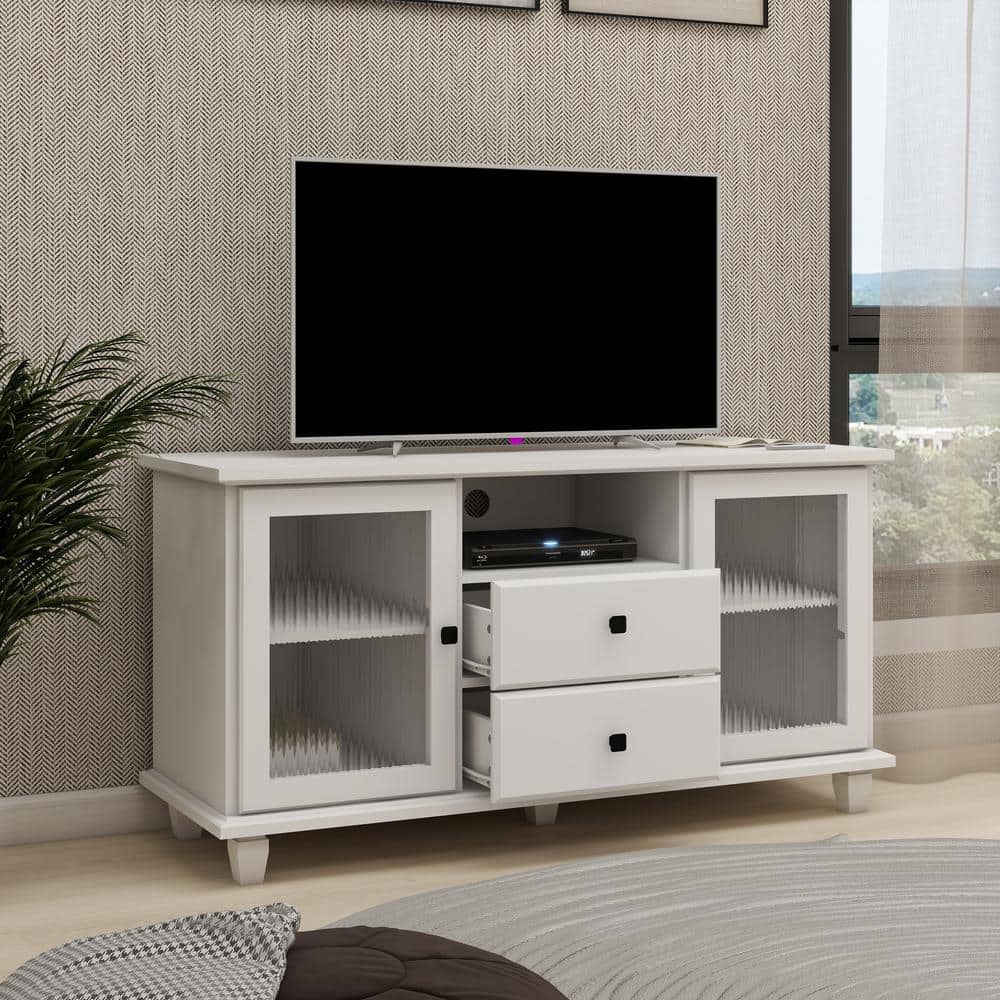 White Wood 47.24 in. Buffet Storage Cabinet Console Cupboard with Glass Doo