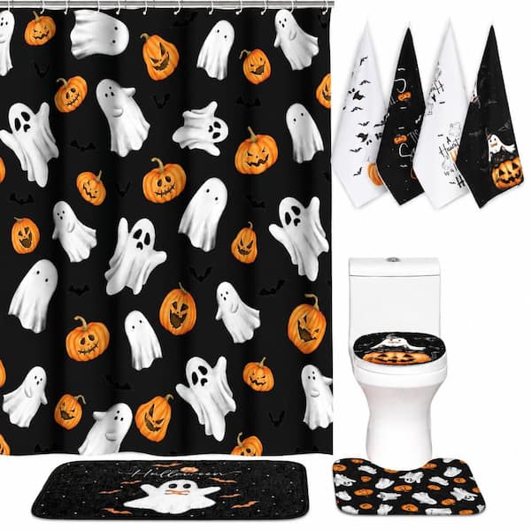 Black White and Orange Cute Ghost Polyester Halloween Shower Curtain Kitchen Towel Set 8 Piece