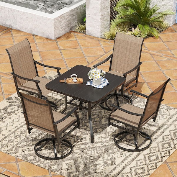 5 Piece Outdoor Dining Set, Swivel Patio Dining Chairs and Table Set for 4, Brown Textilene