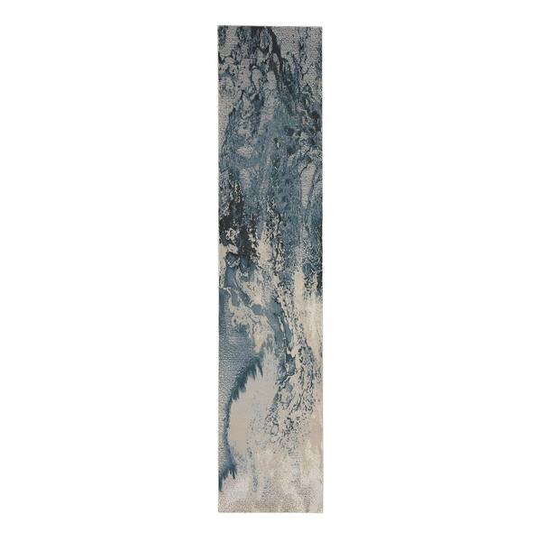 2 ft. x 12 ft. Blue Abstract Washable Area Rug