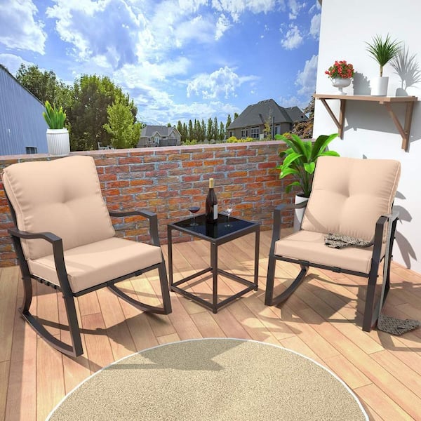 Unbranded 3 Piece Metal Outdoor Bistro Sets,Patio Bistro Sets,Outdoor Rocking Chairs with Coffee Table & 2 Sand Thickened Cushions