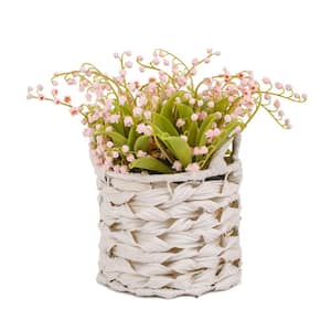 11 in. Artificial Floral Arrangements Lily of the Valley Bouquet in White Basket- Color: Pink