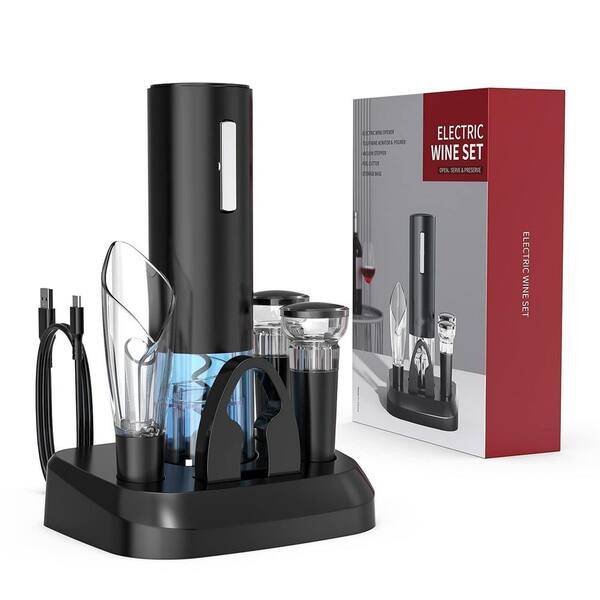 Cordless Electric Wine Bottle Opener with 2-in-1 Aerator and Pourer, Foil Cutter, 2 Vacuum Preservation Stoppers, Black