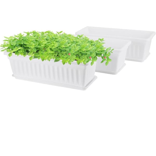 ITOPFOX Modern 13.8 in. x 6.9 in. W x 5.9 in H .5 qts Durable Rectangle White Indoor Plastic Window Planter with Tray 3 (-Pack)