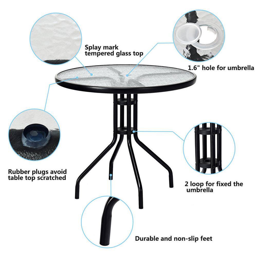 Outdoor dining table with callouts for glass top, umbrella hole, rubber plugs, and non-slip feet.