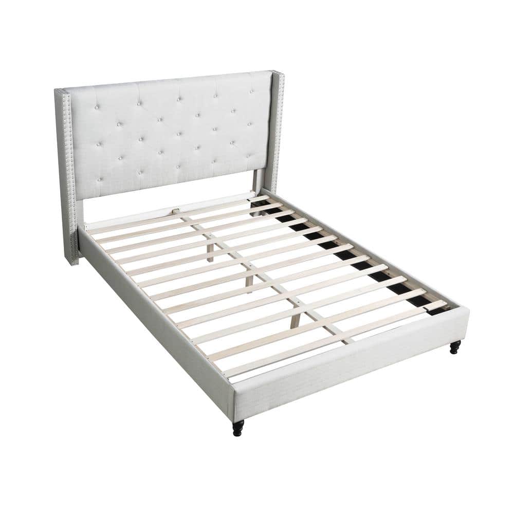 Valentina Beige Linen King Bed with Tufted Wingback and Nailhead Trim
