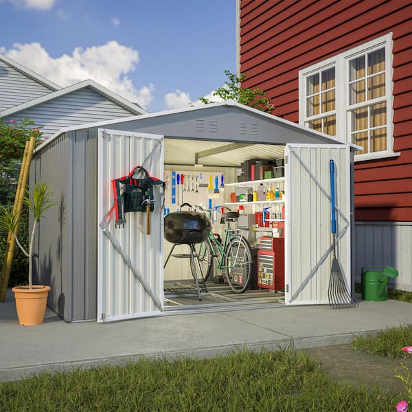 10 ft. x 8 ft. Outdoor Metal Storage Shed Tool Home with Foundation and Lockable Doors for Garden, Gray (74 sq. ft.)