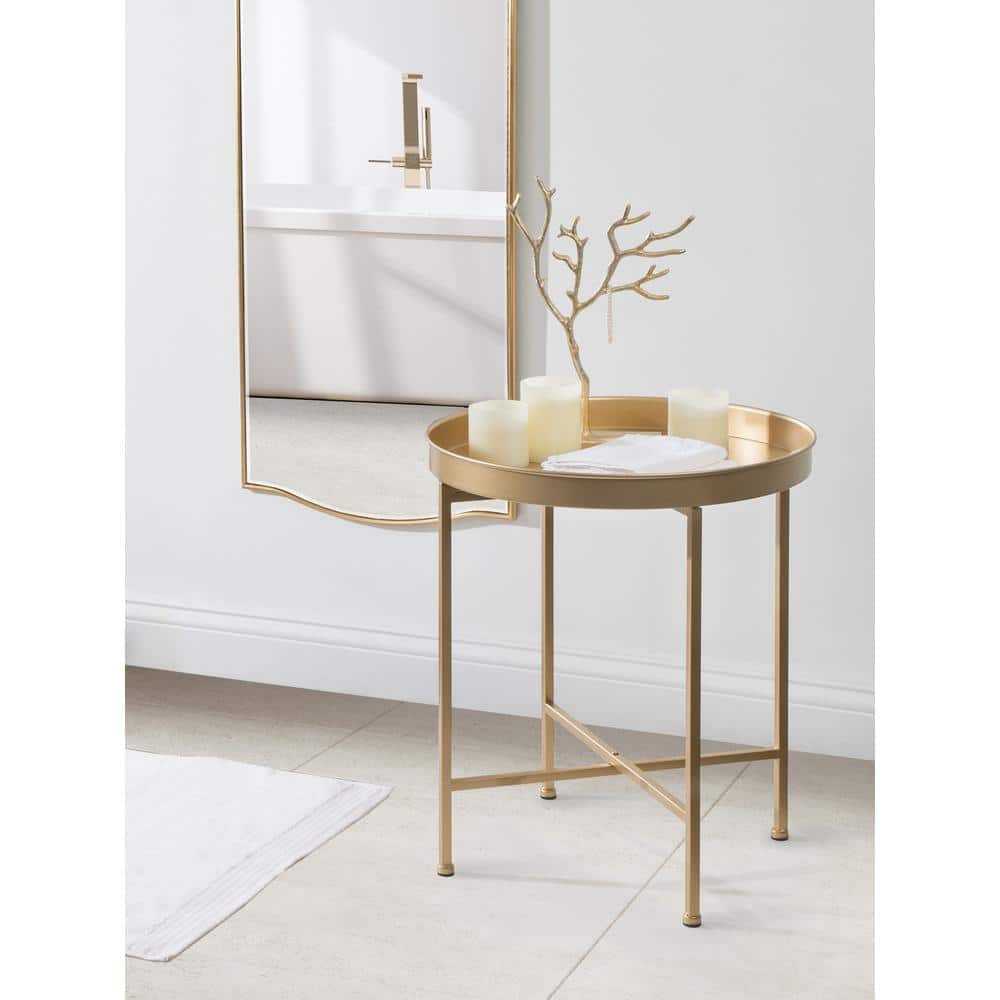 Gold Round Metal Foldable Side Table with Detachable Tray