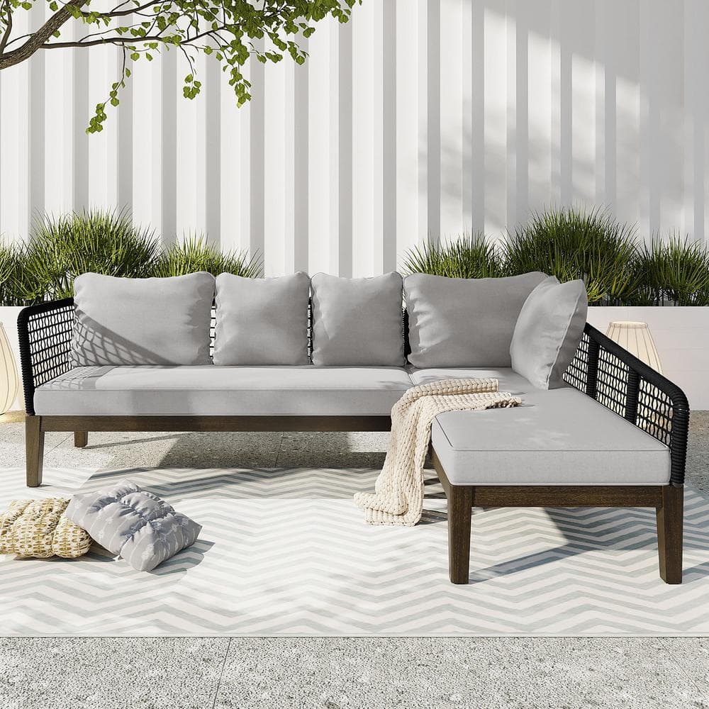 5 Person Metal Outdoor Sectional Set with Cushions Rope Waved Patio Sofa Set Acacia Wood Frame L Shaped Black Gray BN4171 The Home Depot