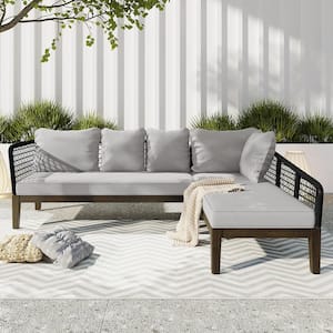 5-Person Metal Outdoor Sectional Set with Cushions Rope Waved Patio Sofa Set Acacia Wood Frame, L-Shaped, Black+Gray
