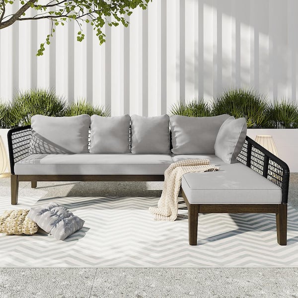 Unbranded 5-Person Metal Outdoor Sectional Set with Cushions Rope Waved Patio Sofa Set Acacia Wood Frame, L-Shaped, Black+Gray