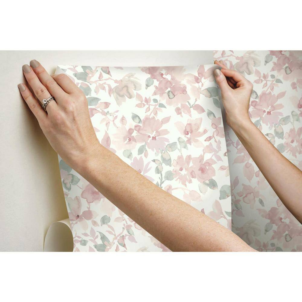 Light Pink and Green Floral Peel and Stick Wallpaper Roll