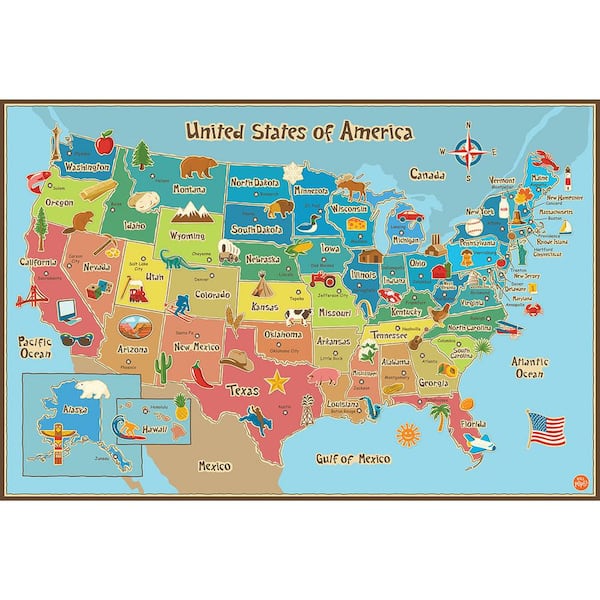 WallPops 24 in. x 36 in. Multi-Colored Kids USA Dry Erase Map Wall Decal