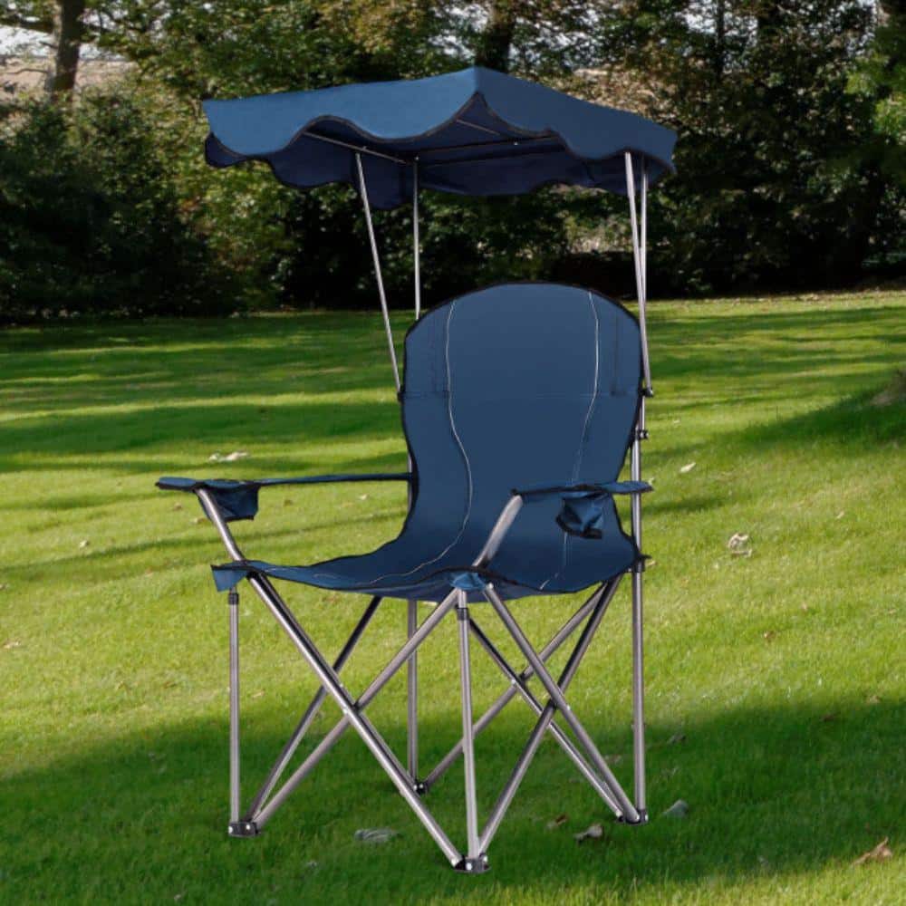 Blue Portable Folding Camping Chair with Canopy and Cup Holders
