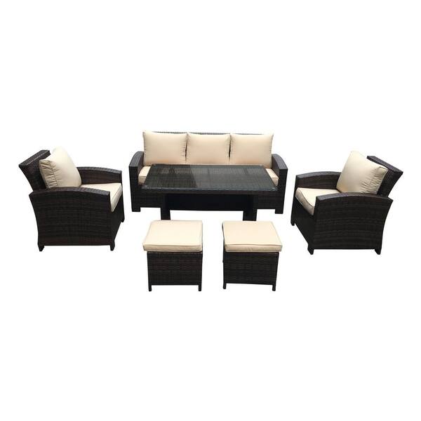 S'DENTE Atrani 6-Piece All-Weather Wicker Conversation Set with Beige Cushions