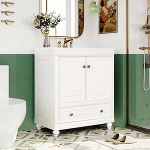 30 in. W x 18 in. D x 34.88 in. H Bath Vanity in White with White Ceramic Top, Single Sink, Solid Frame, Drawers, Door