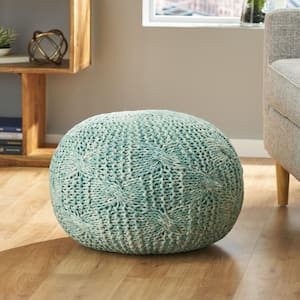 20 in. W x 20 in. D Green Cotton Knitted Round Pouf and Ottomans