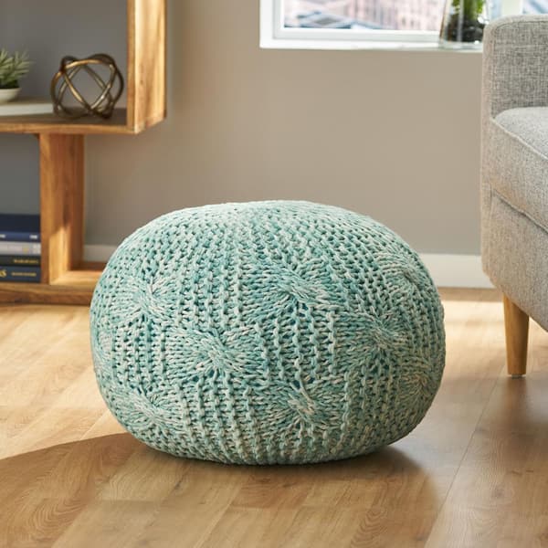 Unbranded 20 in. W x 20 in. D Green Cotton Knitted Round Pouf and Ottomans