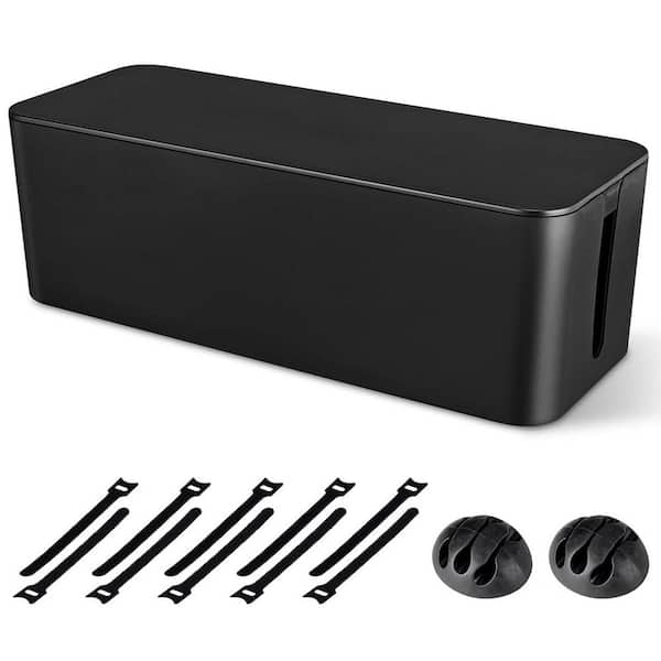 Large Cable Management Box Organizer Hides Power Strip Under Desk TV Computer Wires with Clips Ties Black